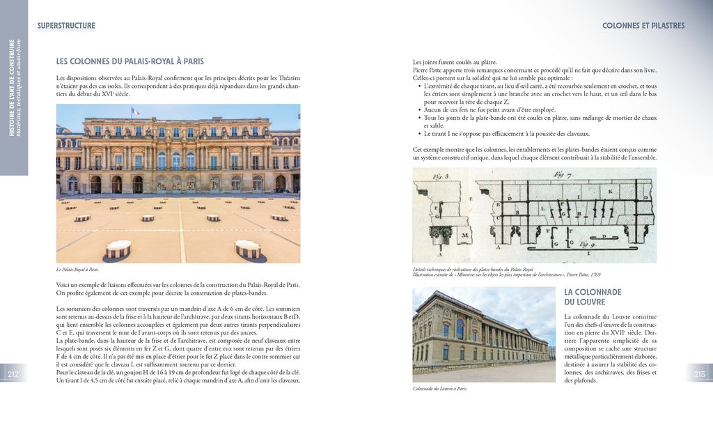 Extrait de l'ouvrage consacré aux colonnes du Palais-Royal, avec une photographie du bâtiment et une planche ancienne décrivant les dispositions constructives.